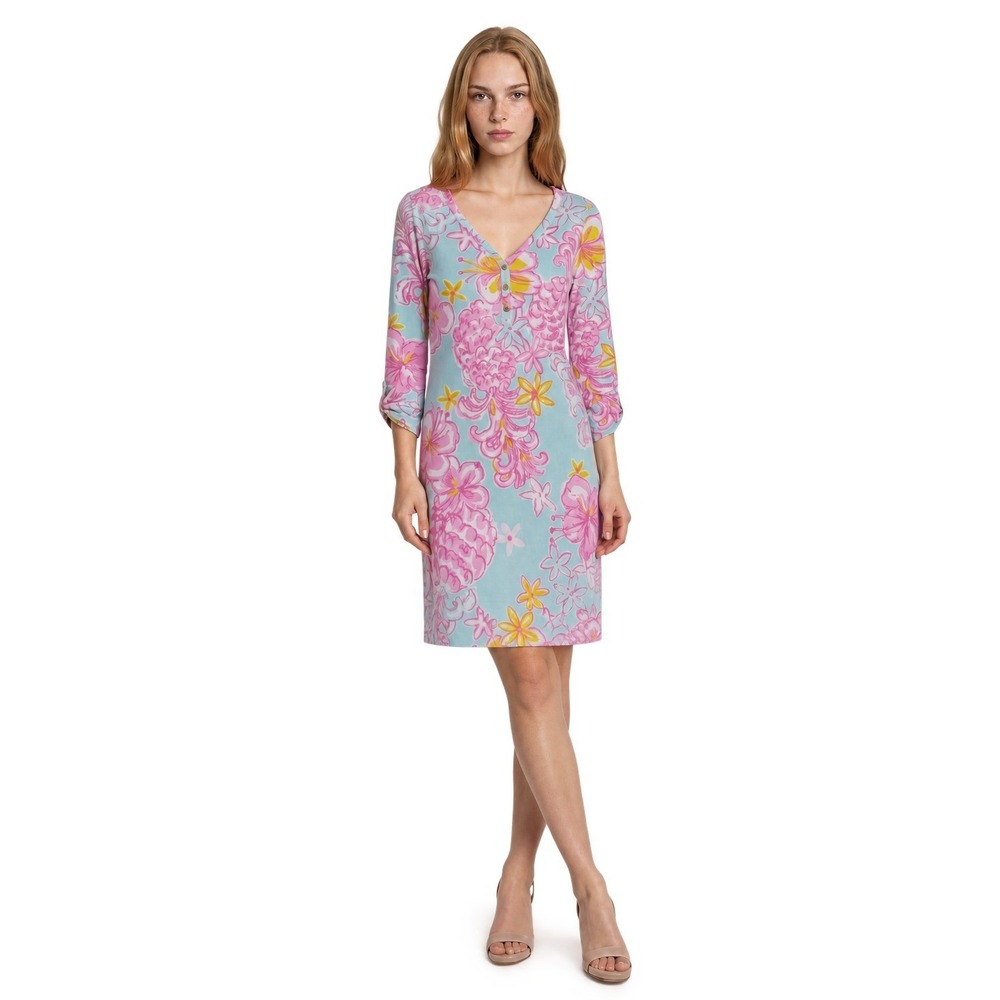 Lilly Pulitzer Dress Women's Size Small Blue Pink Floral V Neck 100% Pima Cotton